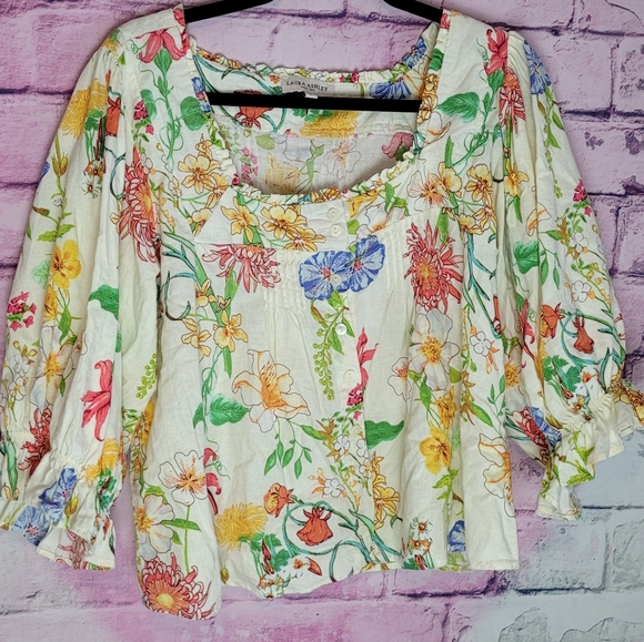 Laura Ashley Tops - LAURA ASHELY LINEN BLEND BUTTON FRONT FLORAL PRINTED PUFF SLEEVE BOHO BLOUSE L